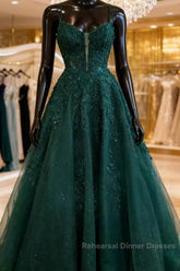 A-Line Hunter Green Floral Semi Formal Prom Dress Appliques Straps Evening Gown